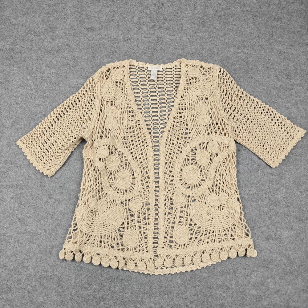 Chico's Cardigan Womens 0 Beige Open Knit Crochet Short Sleeve Boho Lightweight